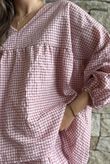 Arbi Gingham Peasant Smock Blouse Indian Pink